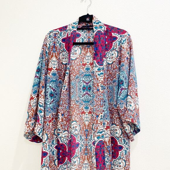 olivaceous printed patterned long open front kimono - Picture 2 of 7